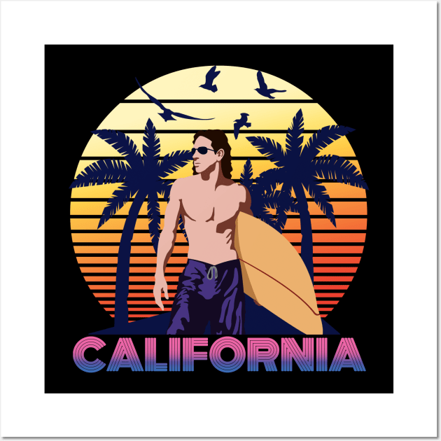 Summer Retro Sunset Beach, California Surfer, Surfing Sports Holiday Gift For Men, Women & Kids Wall Art by Art Like Wow Designs